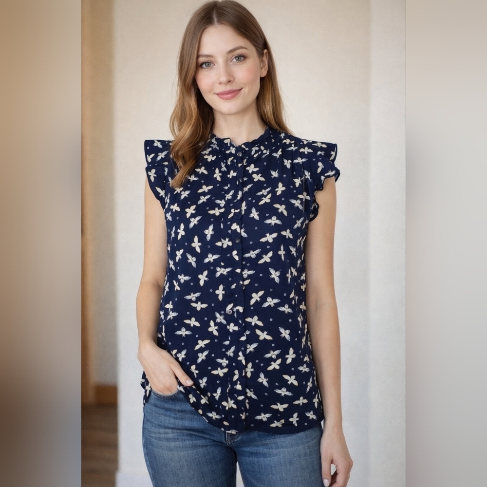 LOFT Navy Blue Bee Print Button Down Shirt
